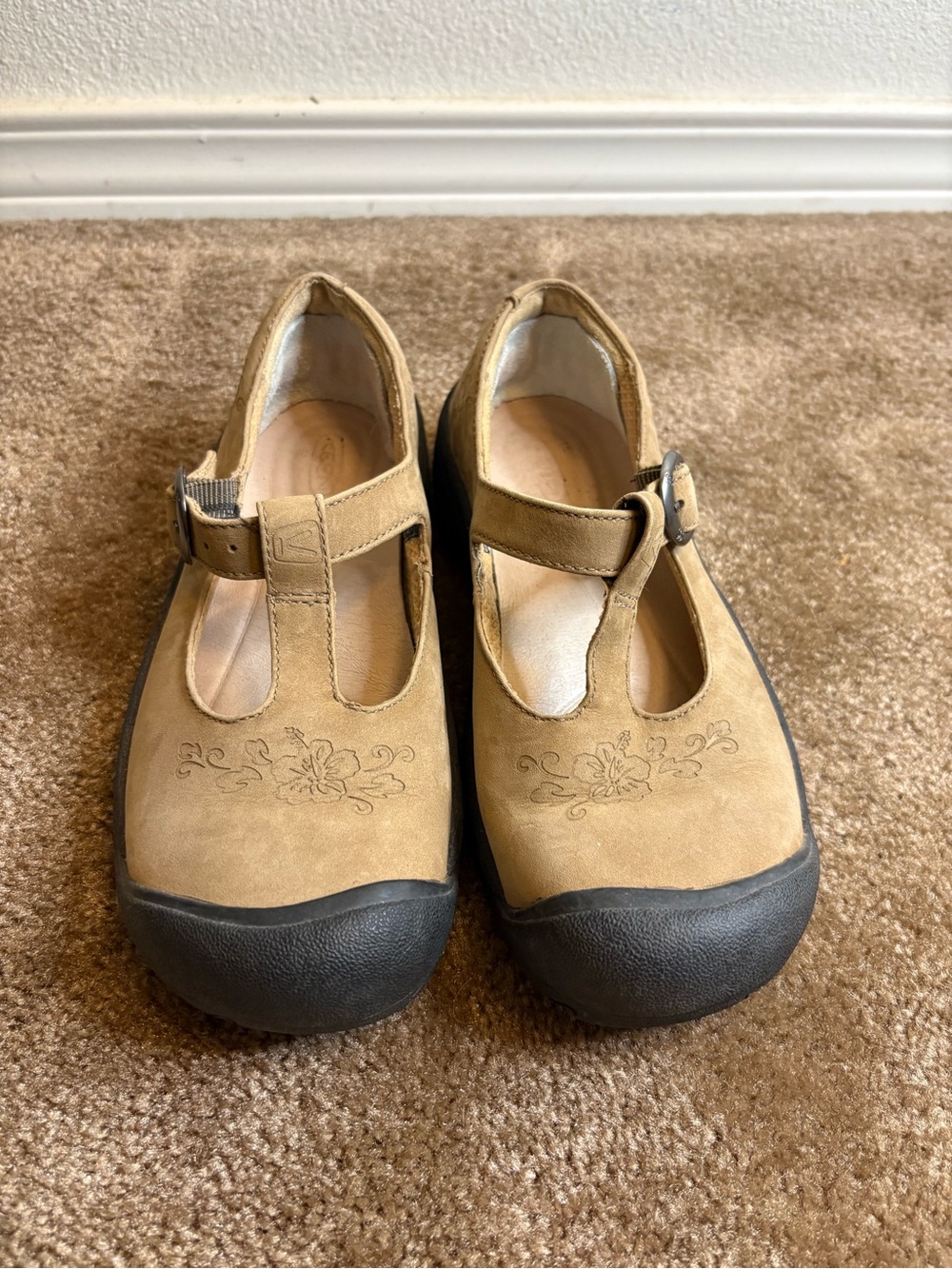 Keen Tan Mary Jane Flats with Floral Embossing